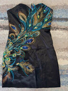 Crystal Sequined Peacock Strapless Mini Dress Size 4